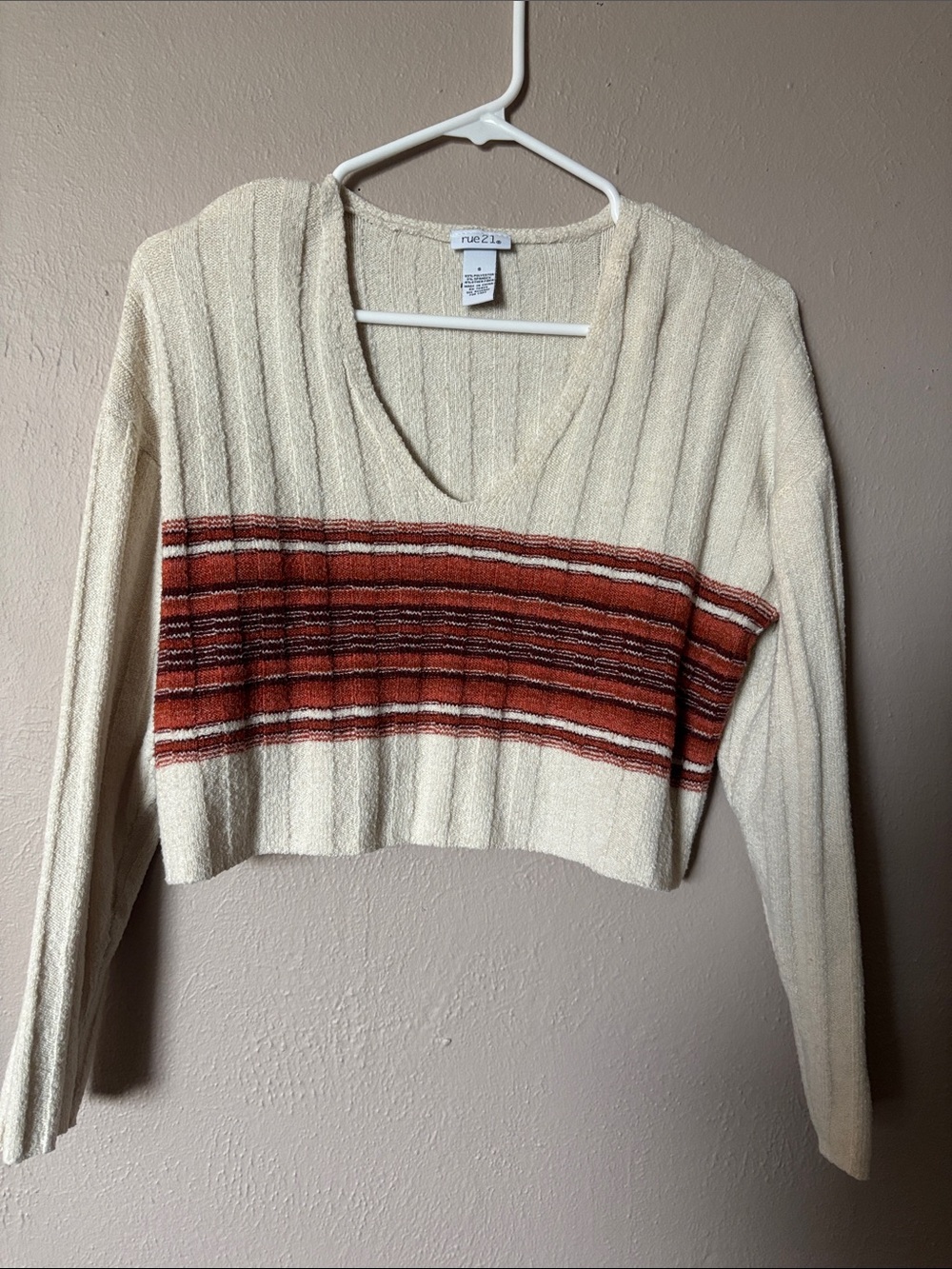 Rue21 Cream Cropped V-Neck Sweater with Rust Striped Band